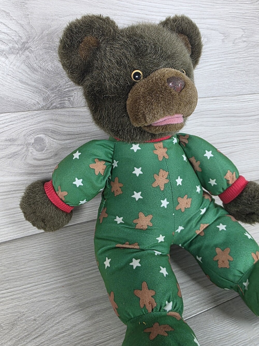 Avon Plush Bear Doll 17" Dark Brown w Green and Red Accents Pajamas SU10